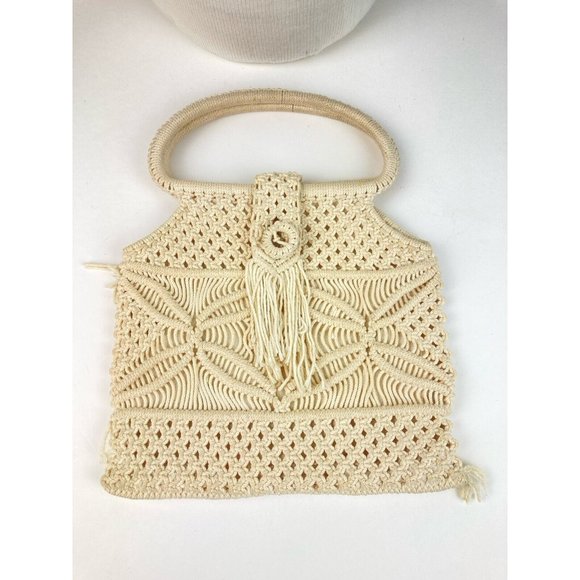 Unbranded Handbags - *Boho Small Macrame Purse Double Wood Handles Button Closure Lined